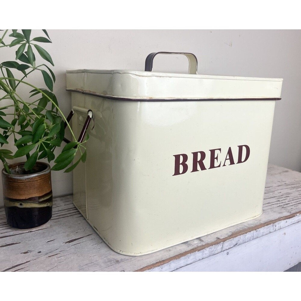 Vintage Enamelware Style Metal Bread Box Bin Cream Retro Shabby Chic MCM Country